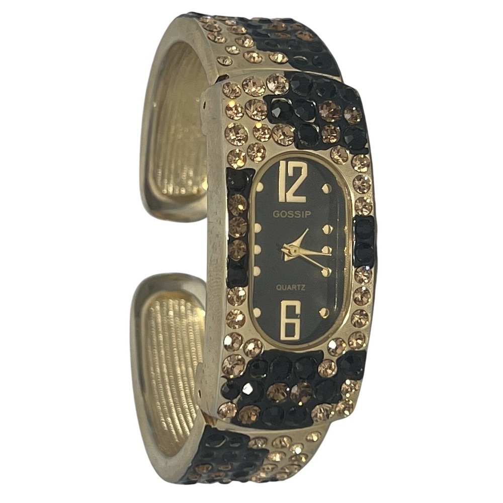 Gossip Gold Tone Black‎ & Champagne Rhinestone Cuff Bracelet Watch Untested